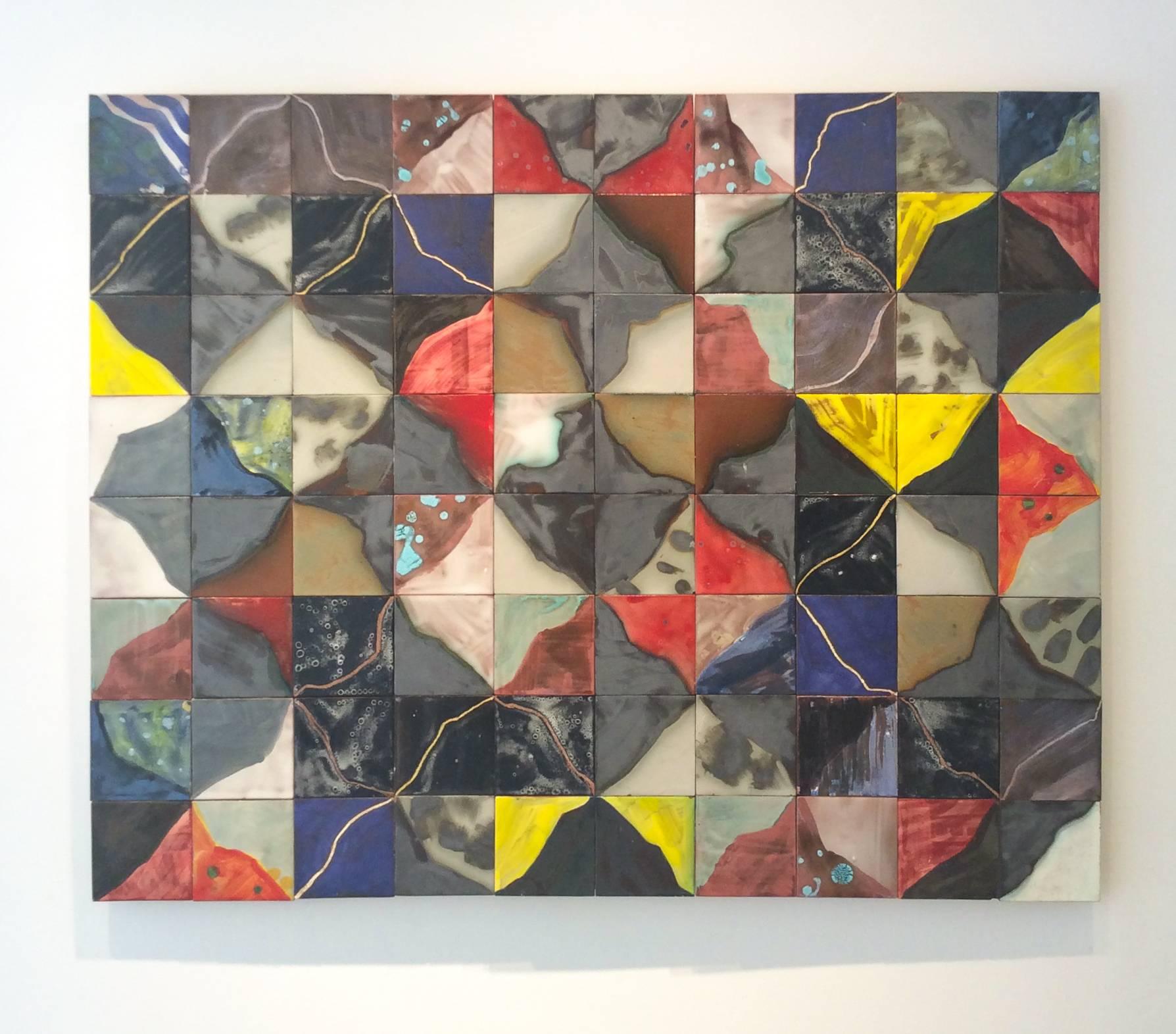 Different (Contemporary Earthenware Ceramic Tile Grid in Primary Colors) - Sculpture by Anne Francey
