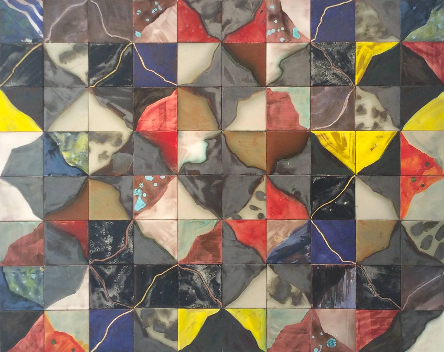 Anne Francey Abstract Sculpture - Different (Contemporary Earthenware Ceramic Tile Grid in Primary Colors)