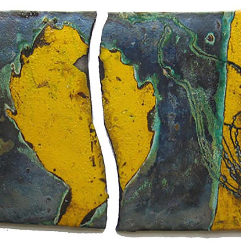 Yellow Diptych (Hanging Ceramic Scroll in Two Pieces) - Contemporary Mixed Media Art by Anne Francey