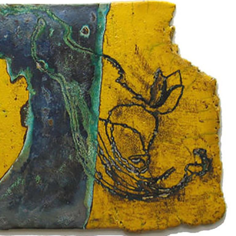 9 x 21 inches
Raku fired clay, glaze, and paint
This listing is offered by Carrie Haddad Gallery, based in Hudson, NY.

This scroll-shaped ceramic diptych is intended to hang vertically, like a painting, and was crafted by Saratoga, NY-based artist