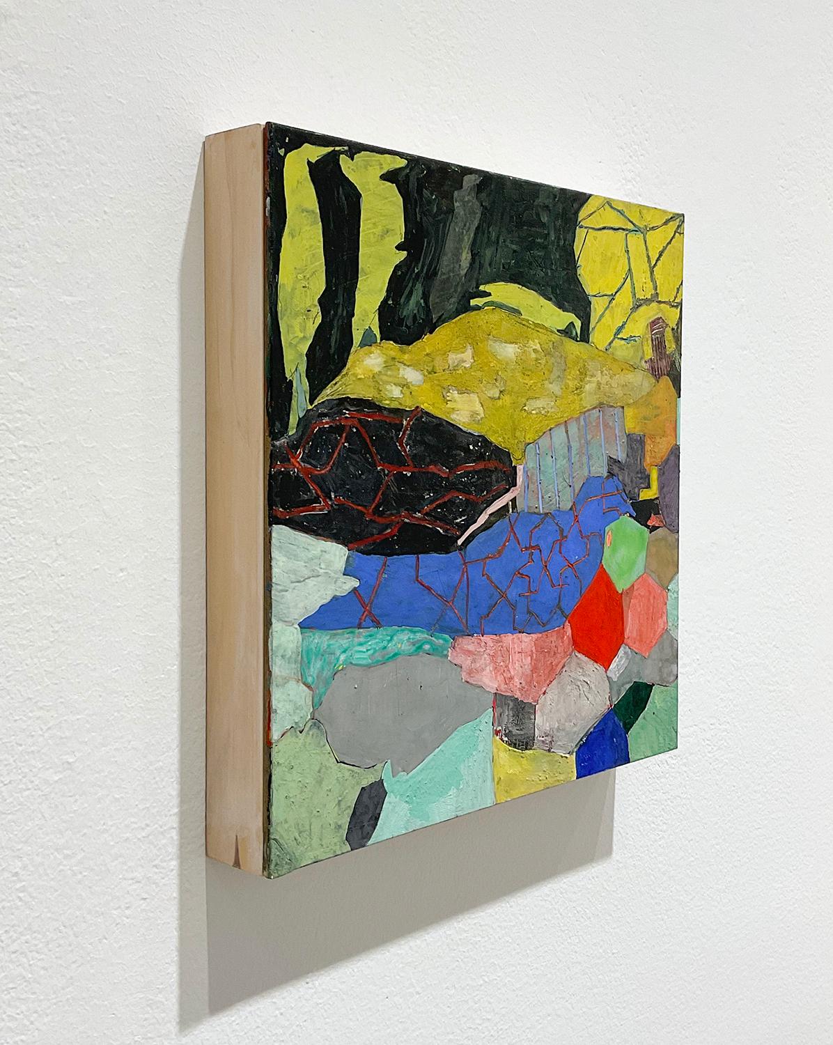 Au lieu de cela, une peinture abstraite géométrique gestuelle colorée sur panneau - Contemporain Mixed Media Art par Anne Francey