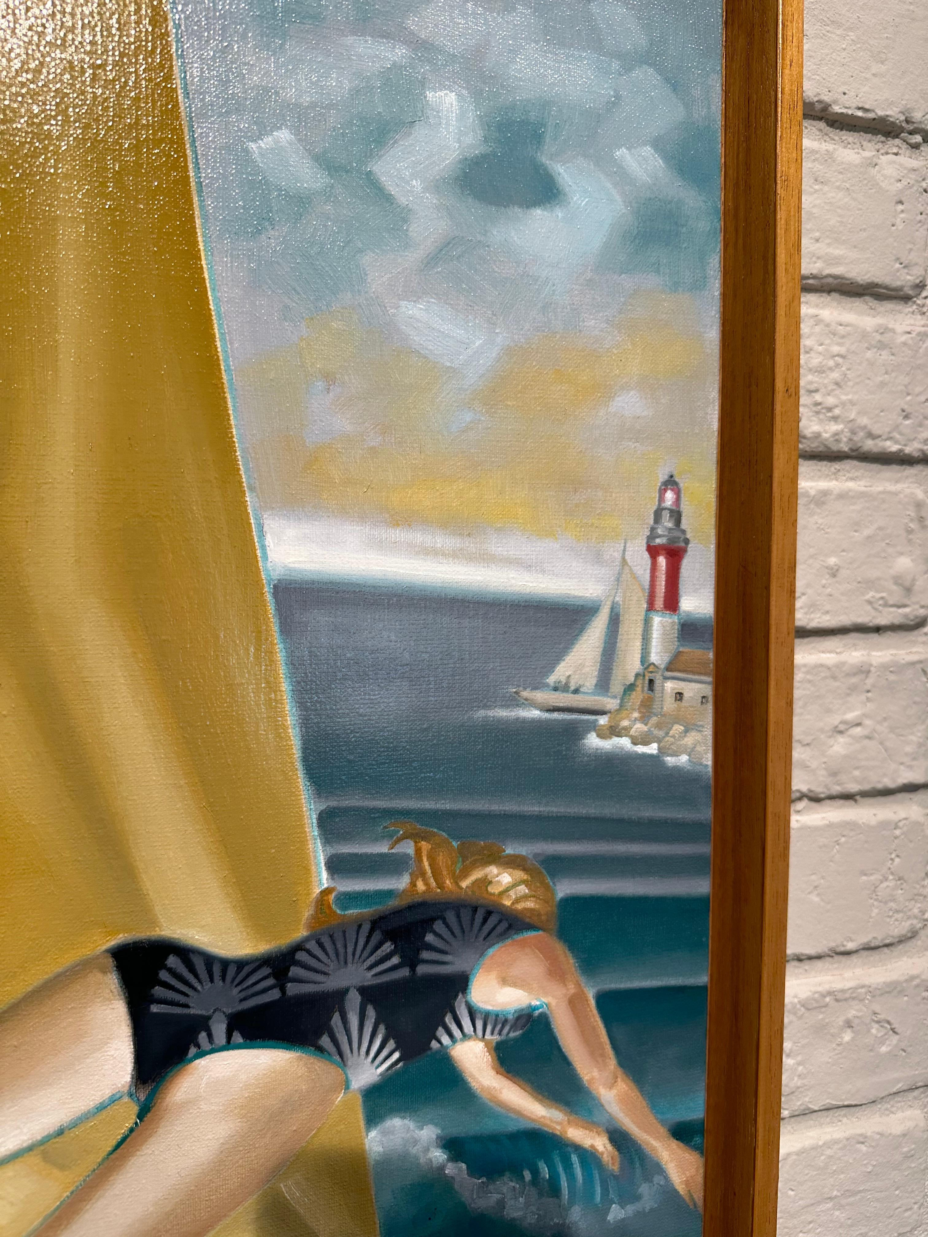 Love Journey deco figurative biddeford pool sailing carefree lighthouse tamara - Art Deco Painting by anne francois de serilly