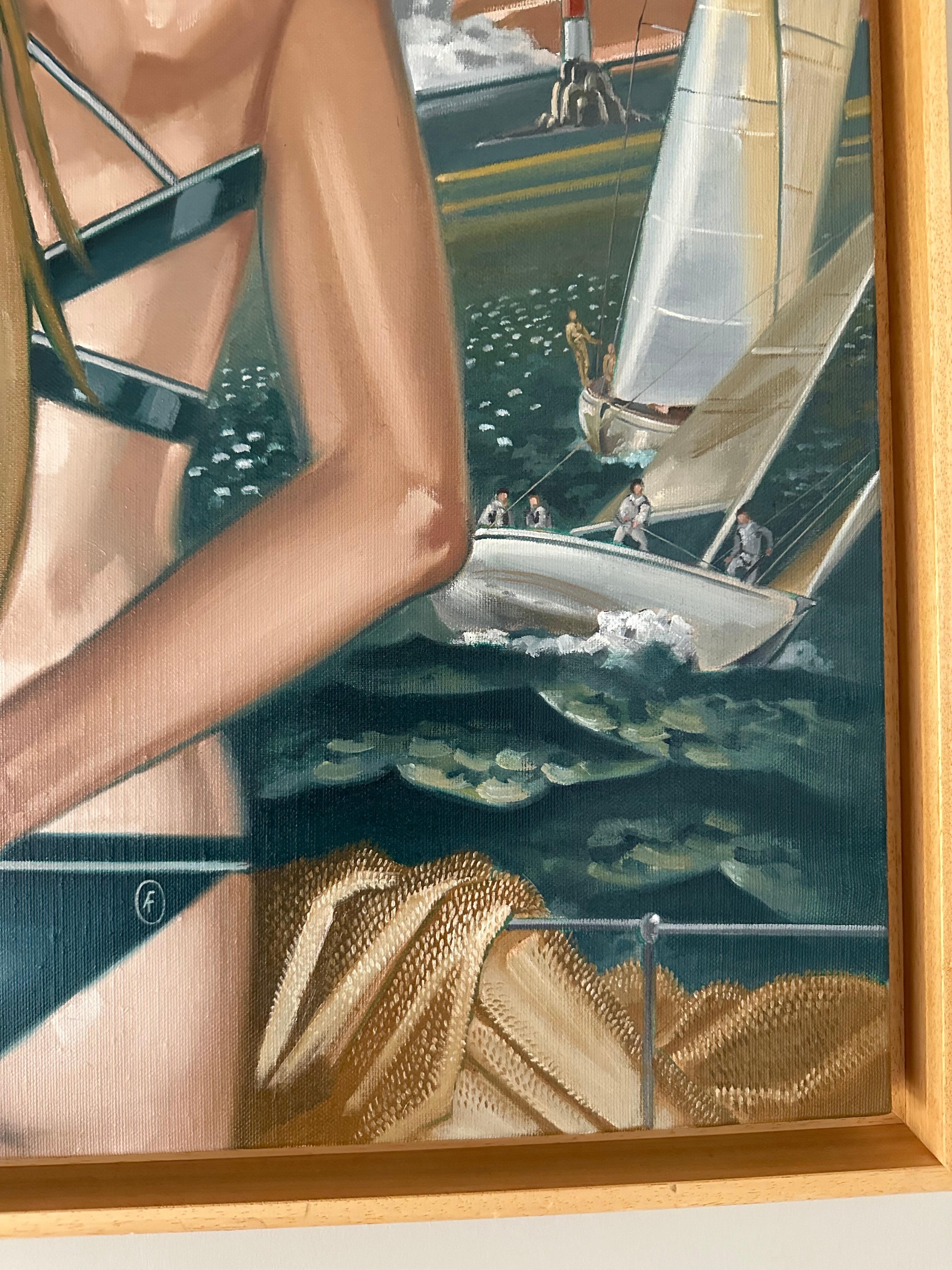 Woman in Bathing Suit deco figurative sailing feminine geometric carefree tamara - Art Deco Painting by anne francois de serilly