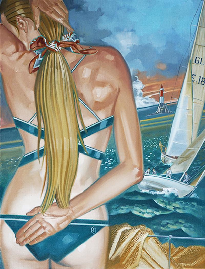 anne francois de serilly Figurative Painting - Woman in Bathing Suit deco figurative sailing feminine geometric carefree tamara