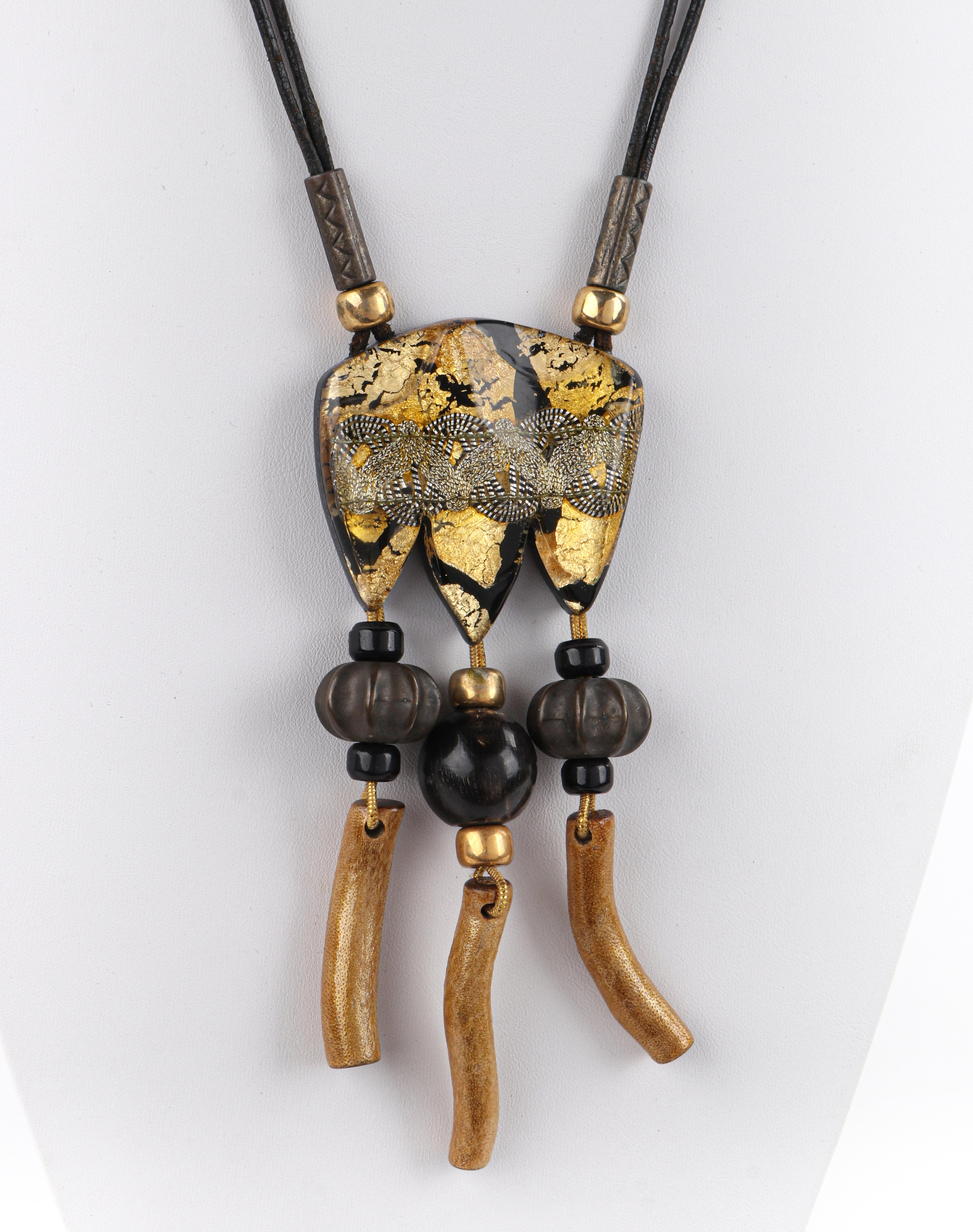 Women's ANNE & FRANK VIGNERI Black Gold Metallic Beaded Lucite Art Pendant Cord Necklace