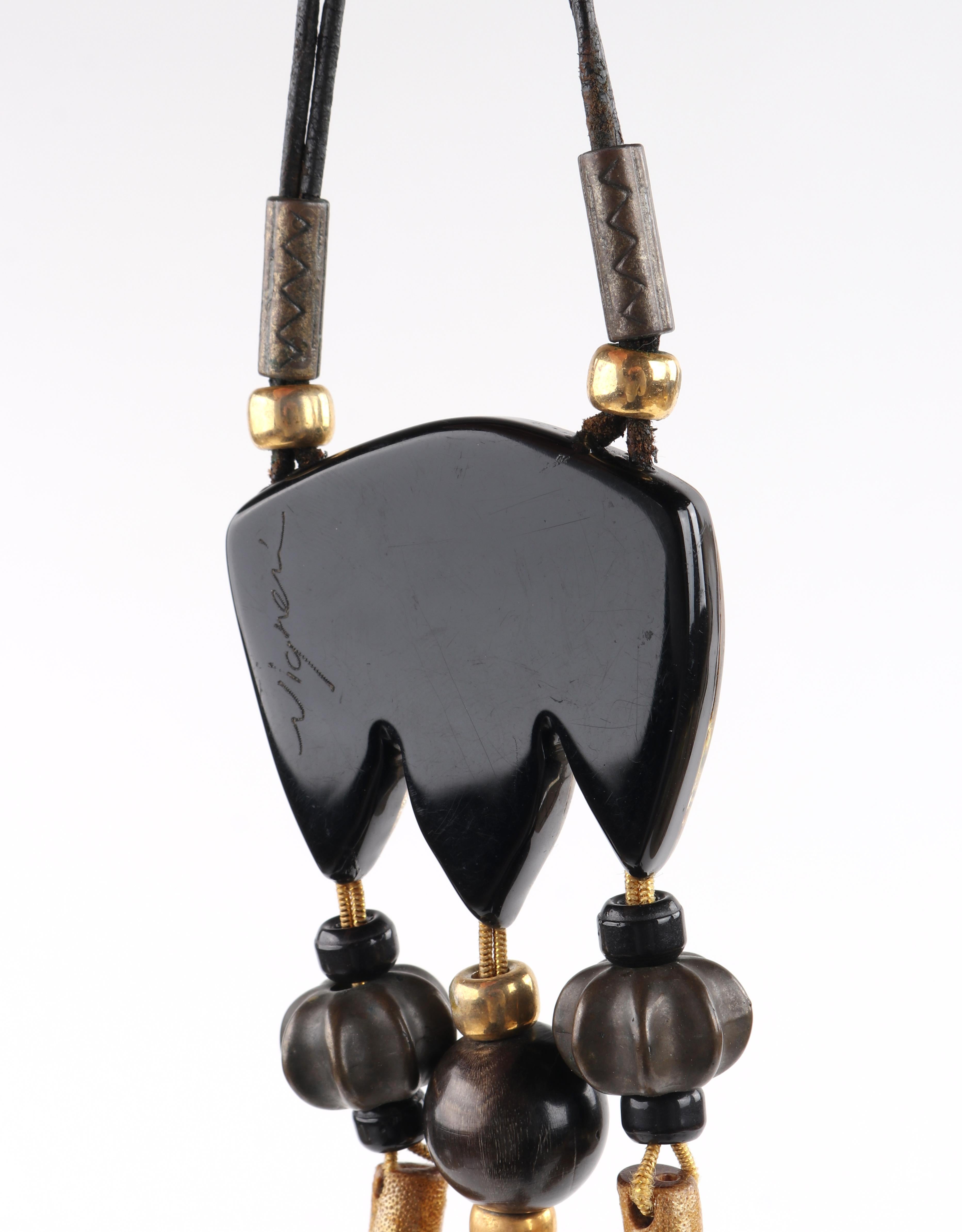 ANNE & FRANK VIGNERI Black Gold Metallic Beaded Lucite Art Pendant Cord Necklace 1