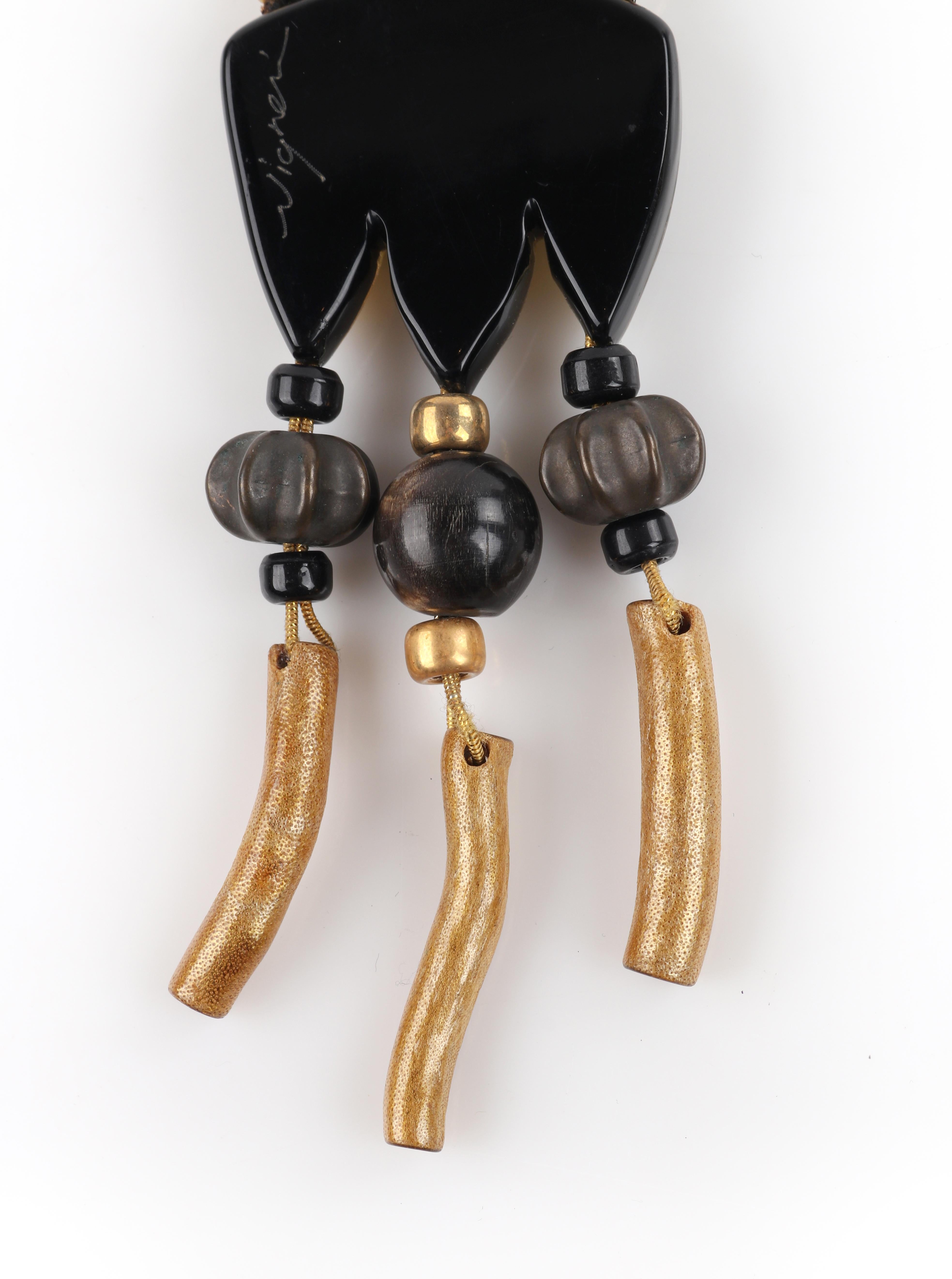 ANNE & FRANK VIGNERI Black Gold Metallic Beaded Lucite Art Pendant Cord Necklace 2