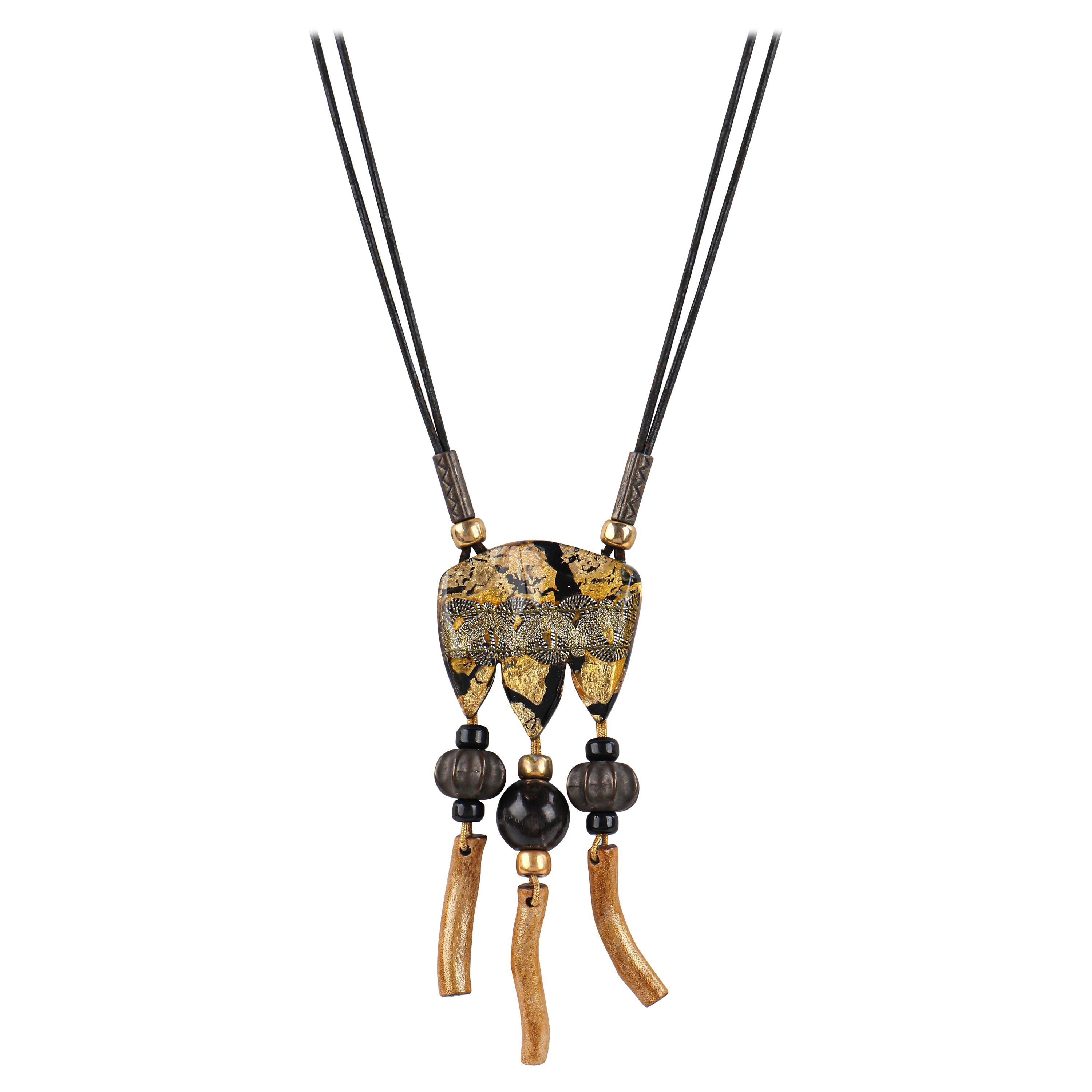 ANNE & FRANK VIGNERI Black Gold Metallic Beaded Lucite Art Pendant Cord Necklace