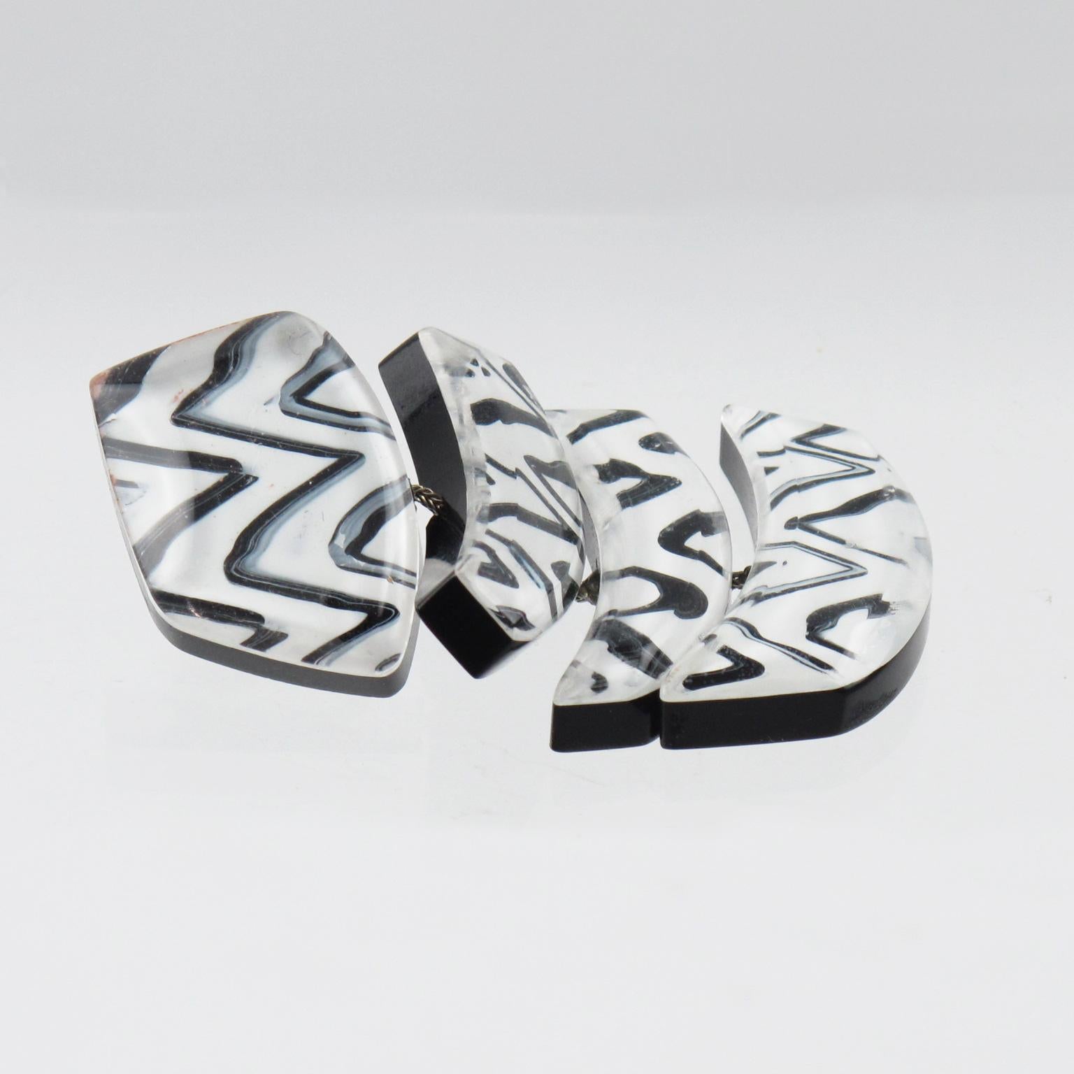 Anne & Frank Vigneri Black White Lucite Clip Earrings 1