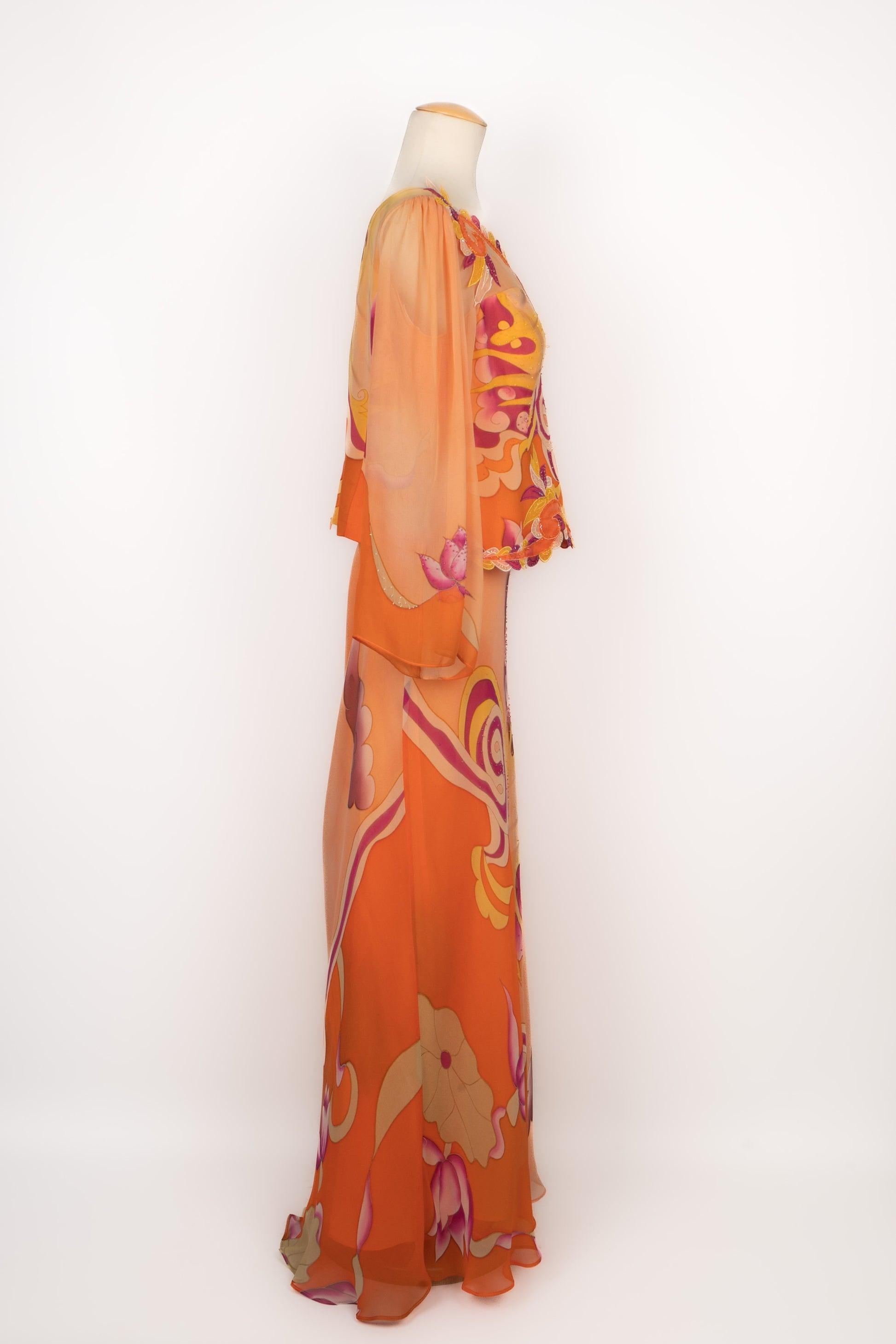 Anne French Conjunto de crepé Couture en tonos rosa y naranja en Excelente estado para la venta en SAINT-OUEN-SUR-SEINE, FR