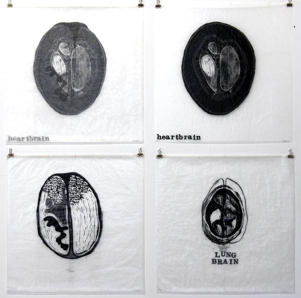 Anne Gilman Figurative Print - "Gibberish: headheartlungbrain", Six Hanging Relief Prints 