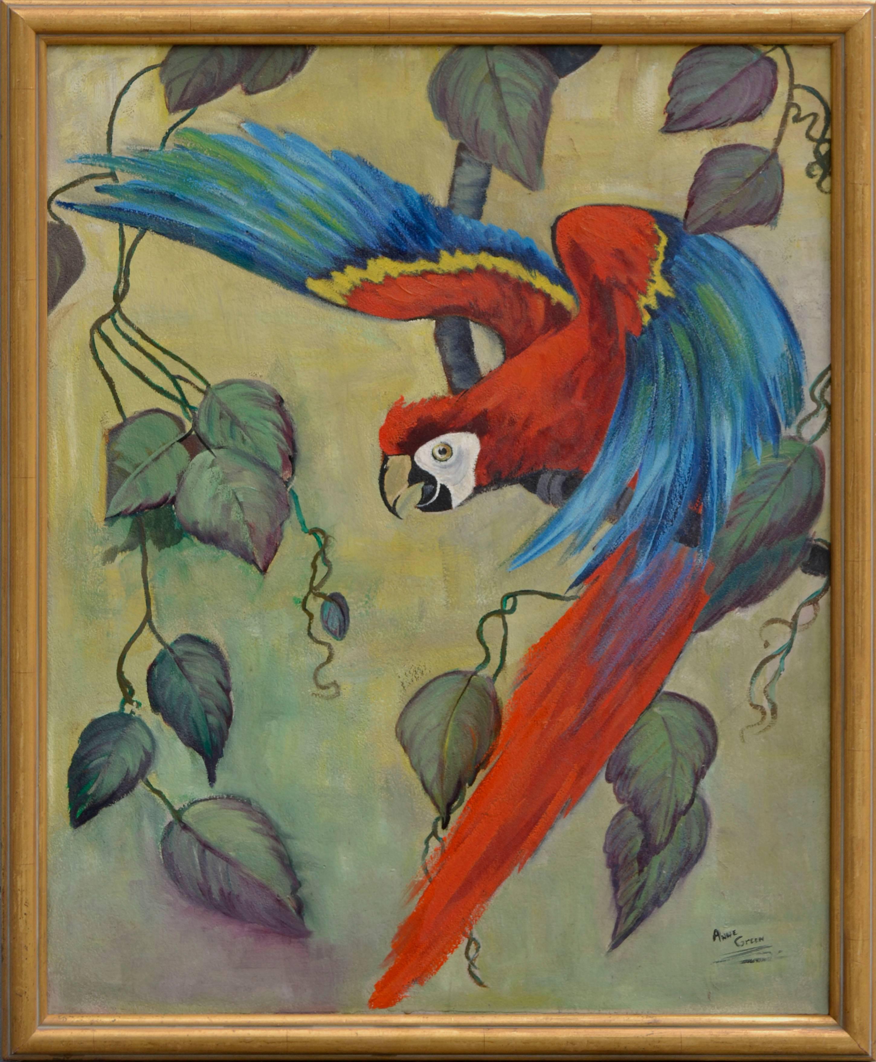 Painterly image of Scarlet Macaw about to take flight by Anne Green (American, 20th century). Signed by the artist lower right. Possibly mid 1950's vintage. Presented in rustic gold frame, retouched. Image, 30"H x 24"W. 
