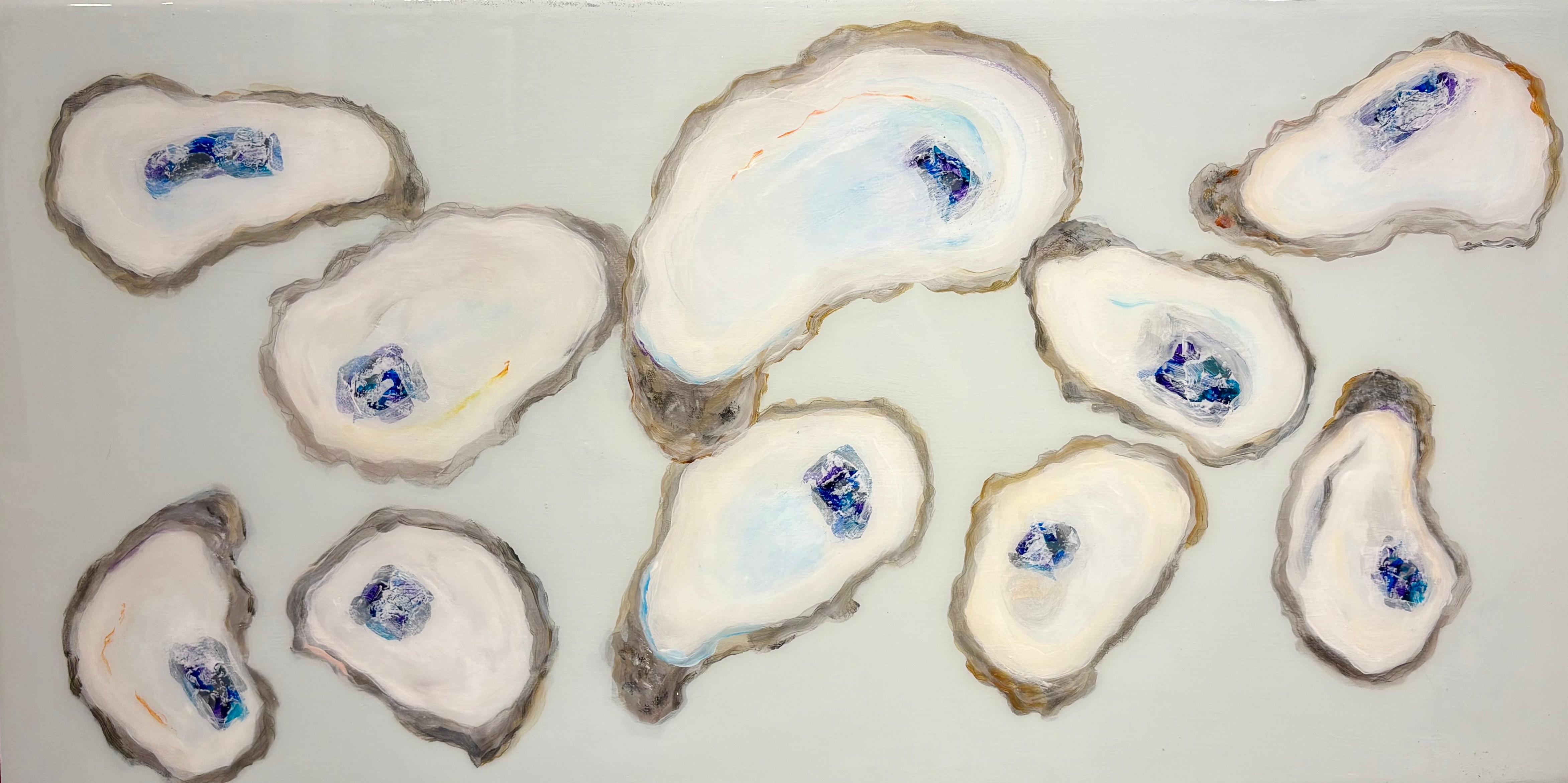 "10 Oysters", colorful oysters rest against a pale blue background