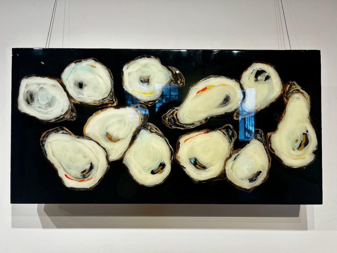 "11 Oysters" abstract mixed media painting of oysters in black, white and gold