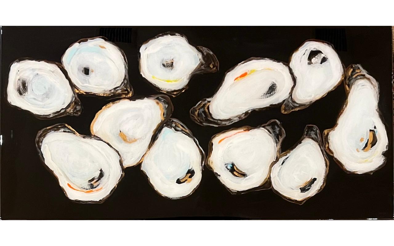 Anne Harney Still-Life Painting - "11 Oysters" abstract mixed media painting of oysters in black, white and gold