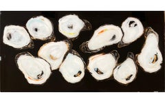 "11 Oysters" abstract mixed media painting of oysters in black, white and gold