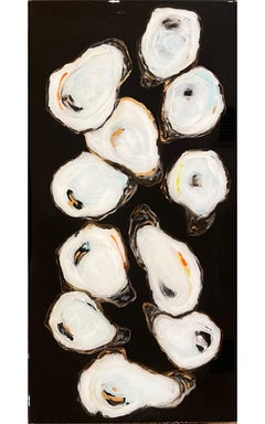 "11 Oysters II" Black and white mixed media painting of oyster shells