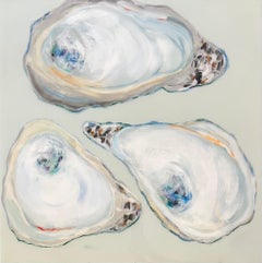 "3 Oysters" Seafoam Blue and White Painting of 3 oysters with a resin finish.