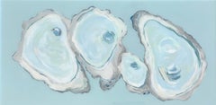 "4 Oysters II" Painting of 4 Oysters over a blue background with a resin finish.