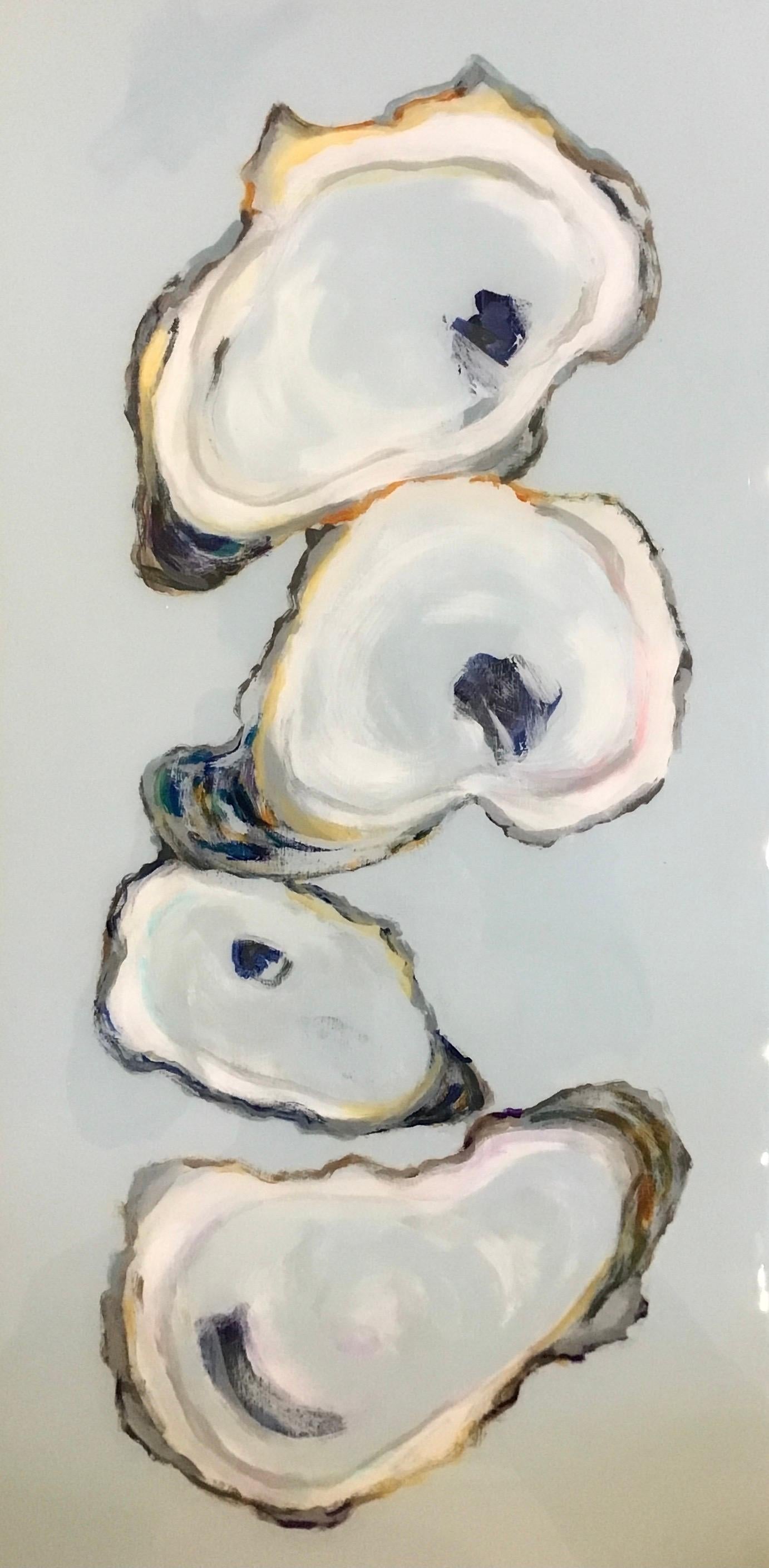 Anne Harney Still-Life Painting - "4 Oysters III" oil painting of white oysters on blue background - resin finish