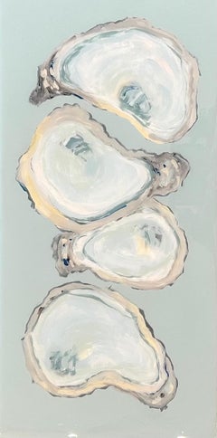 "4 Oysters" Painting of 4 oysters over a light blue background.