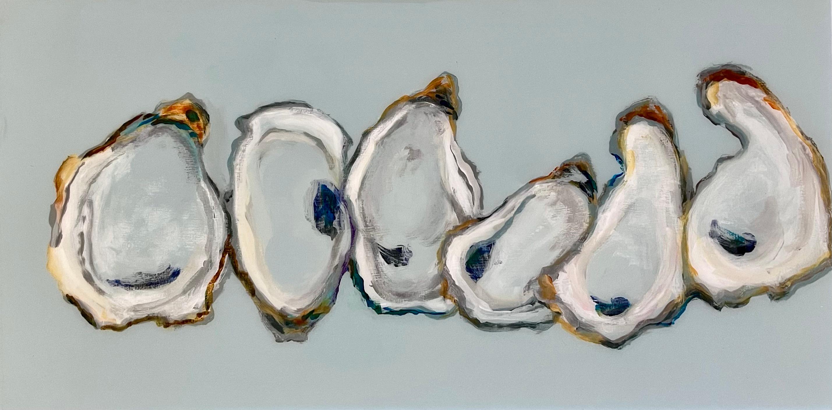 Anne Harney Still-Life Painting - "6 Oysters II" oil painting of white oysters on blue background, resin finish