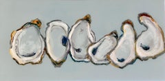 ""6 Oysters II" Ölgemälde mit weißen Austern auf blauem Hintergrund, Harzoberfläche