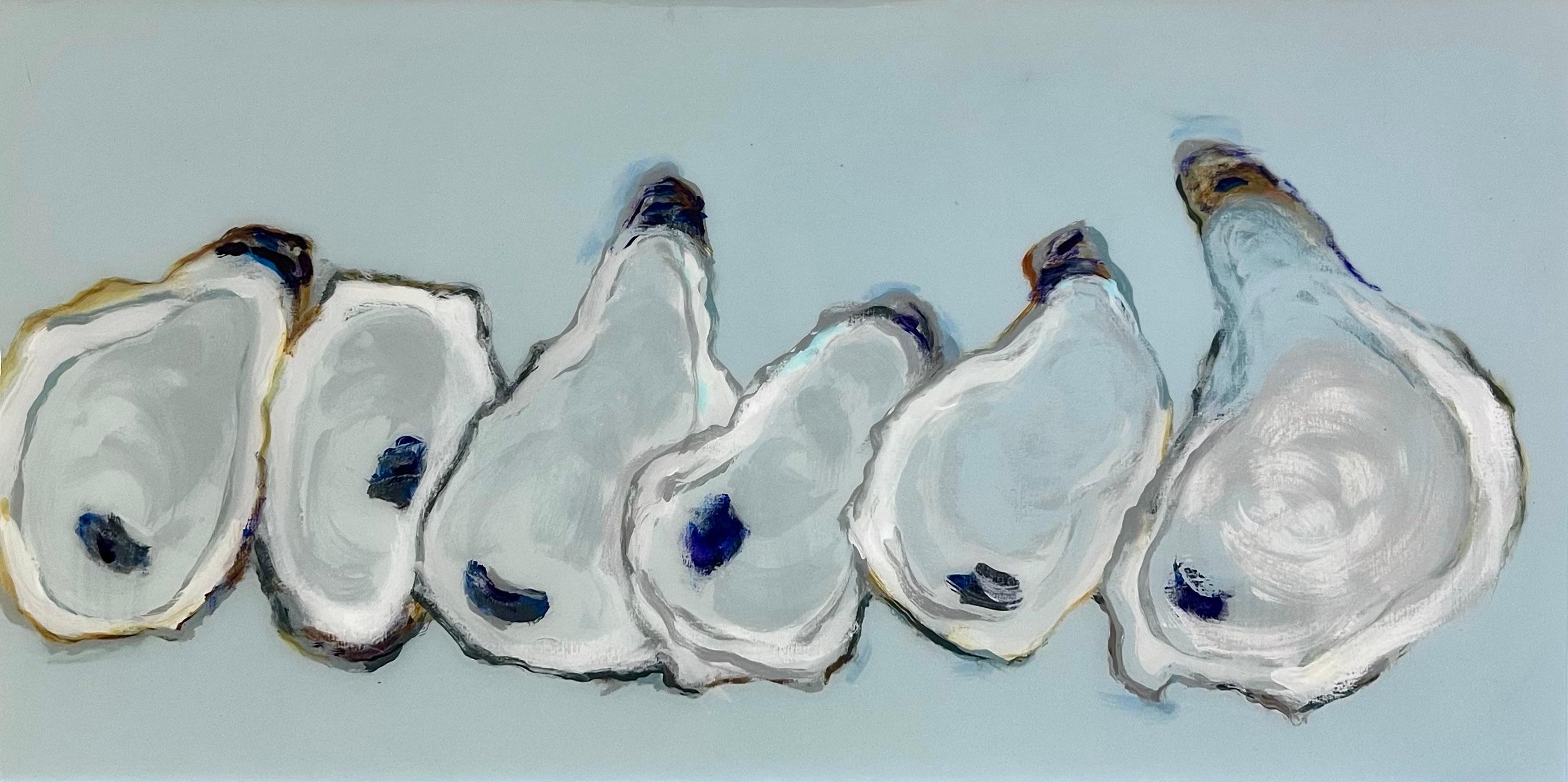 Anne Harney Still-Life Painting - "6 Oysters" oil painting of white oysters on blue background with resin finish
