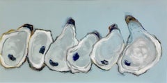 "6 Oysters" oil painting of white oysters on blue background with resin finish