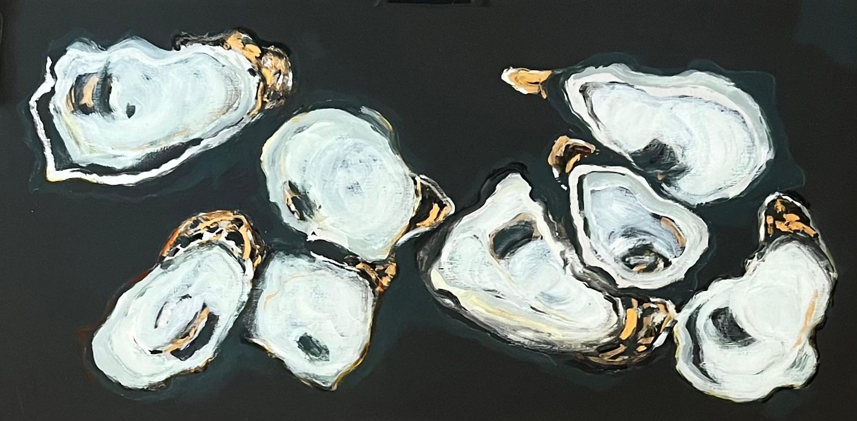 Anne Harney Still-Life Painting - "8 Oysters" abstract mixed media painting of oysters in black, white and gold