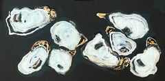 "8 Oysters" abstract mixed media painting of oysters in black, white and gold