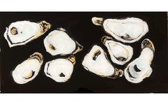 "8 Oysters II" black, white and gold mixed media painting of oyster shells