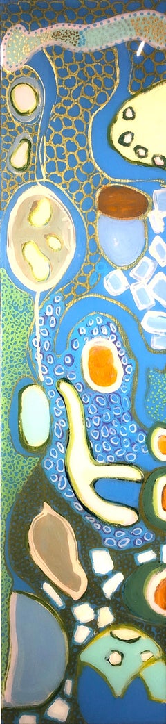 "Blue Lagoon (2)" Abstract mixed media painting on panel with blue and gold