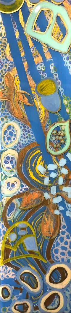 "Blue Lagoon (4)" Abstract mixed media painting on panel with blue and gold