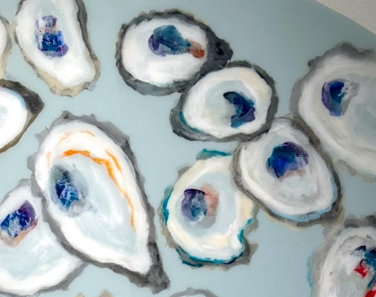 A beautiful, energetic, mixed media and resin piece showing oysters on a pale blue plate. At 36