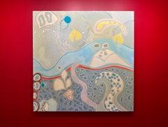 "Blue Wave" Abstract blue and green painting of microscopic life w/ resin finish
