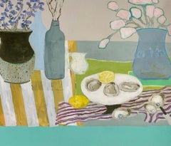 Bluebells and Oysters by Anne Harney, Pink and Blue Fauvist Still Life Painting