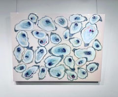 "Blush Oysters" aerial view of colorful oysters against blush background