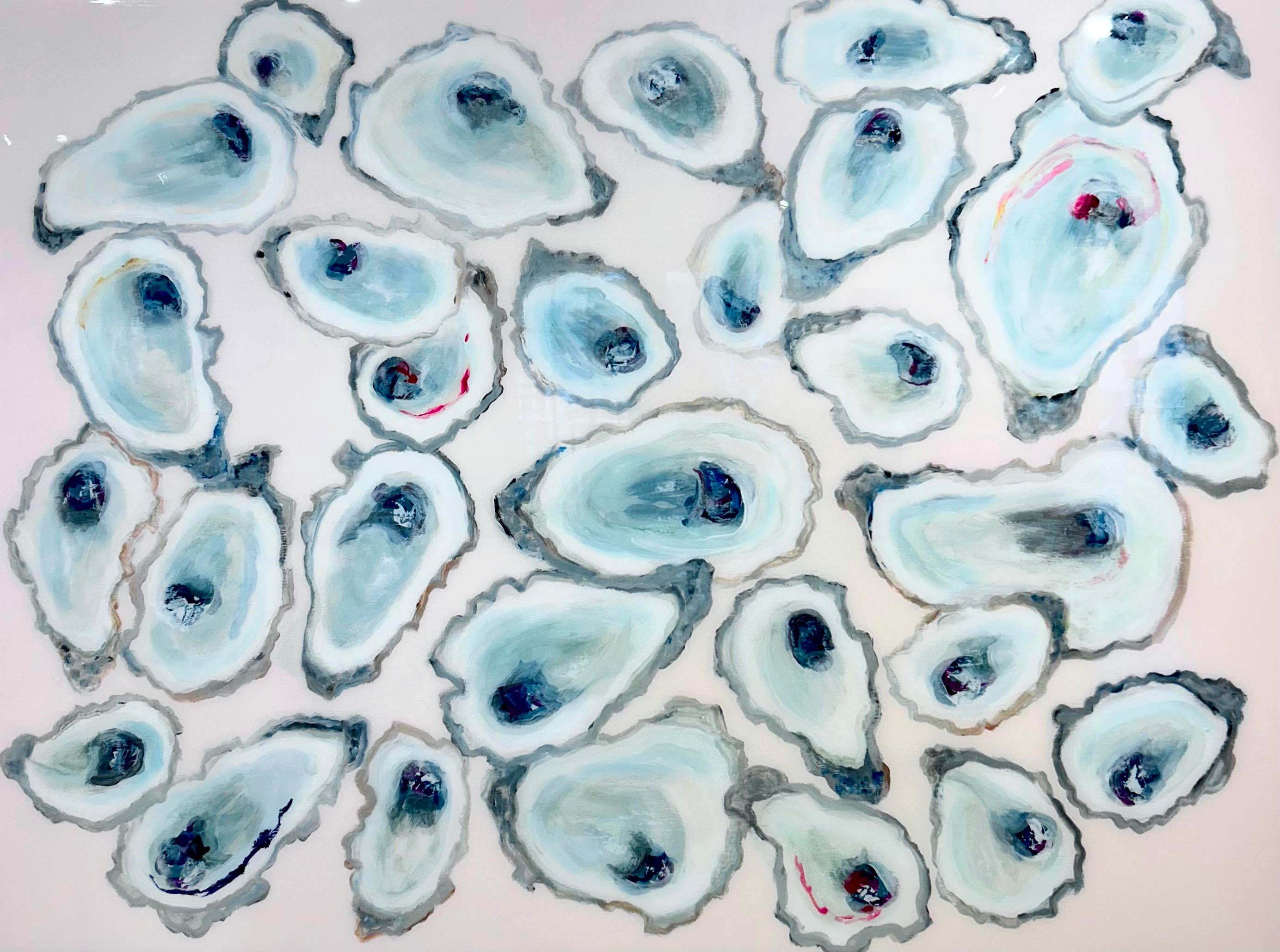 "Blush Oysters" aerial view of colorful oysters against blush background