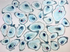 "Blush Oysters" aerial view of colorful oysters against blush background