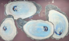 "Creek Oysters" four blue oysters rest against mocha background