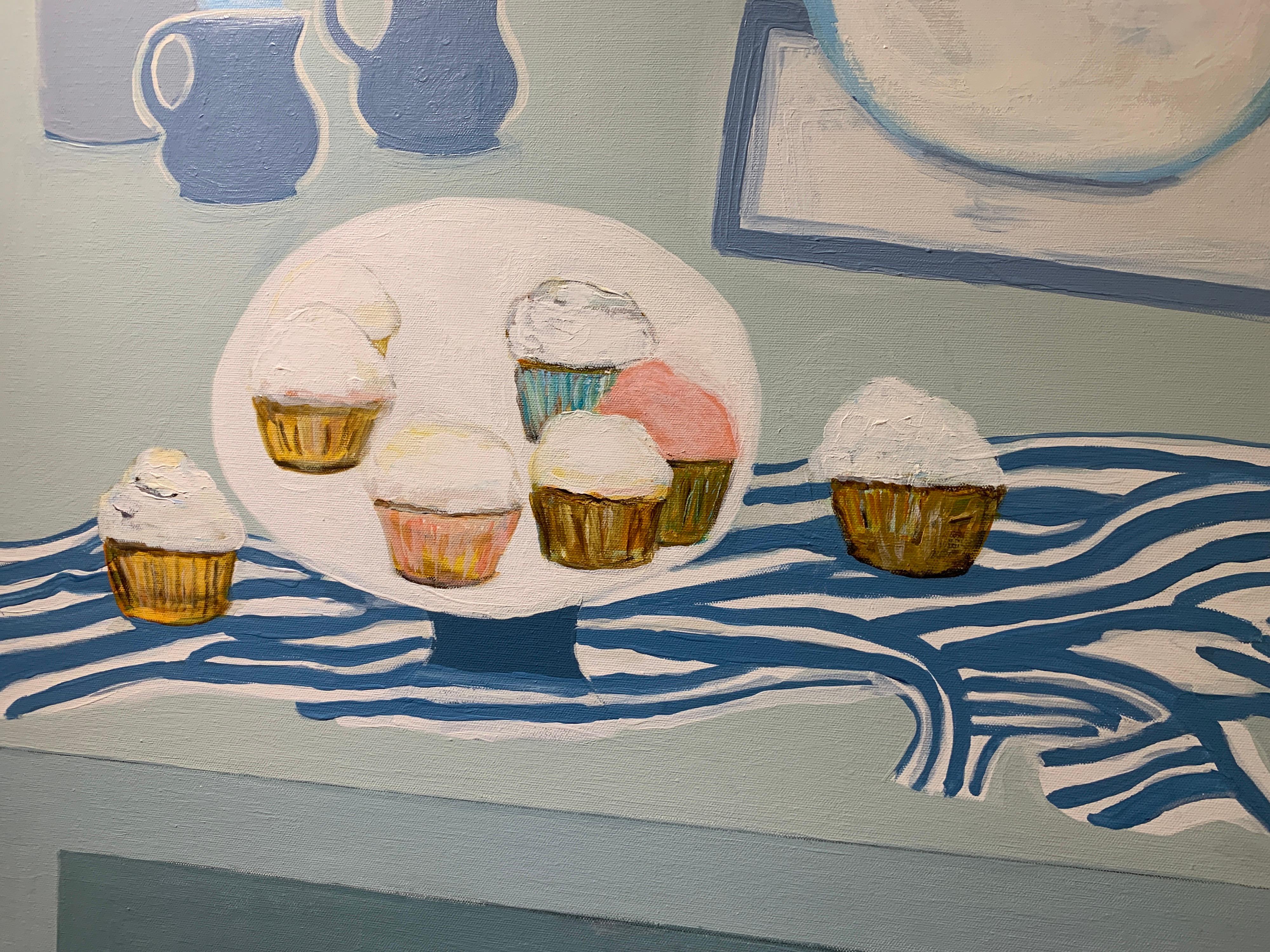 Cupcakes and Tulips by Anne Harney, Pink & Blue Contemporary Still Life Painting 1