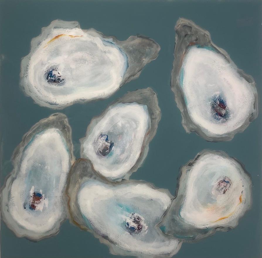 "Delight" cluster of 6 oysters, outlined in grey, surrounded by turquoise