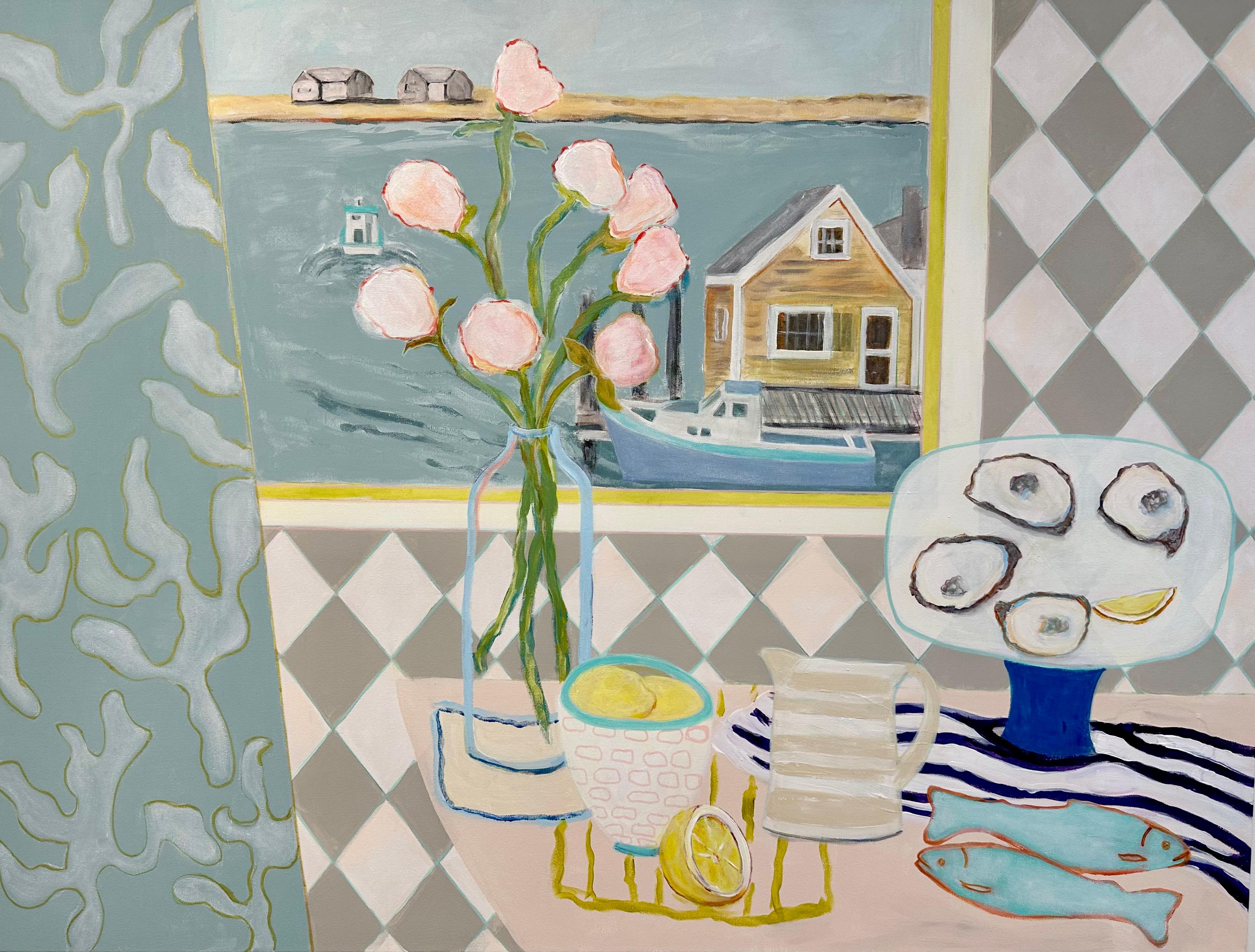 Anne Harney Still-Life Painting – „Harbor View“ frische Austern und Fische auf einem Tisch mit Blick auf das Meer