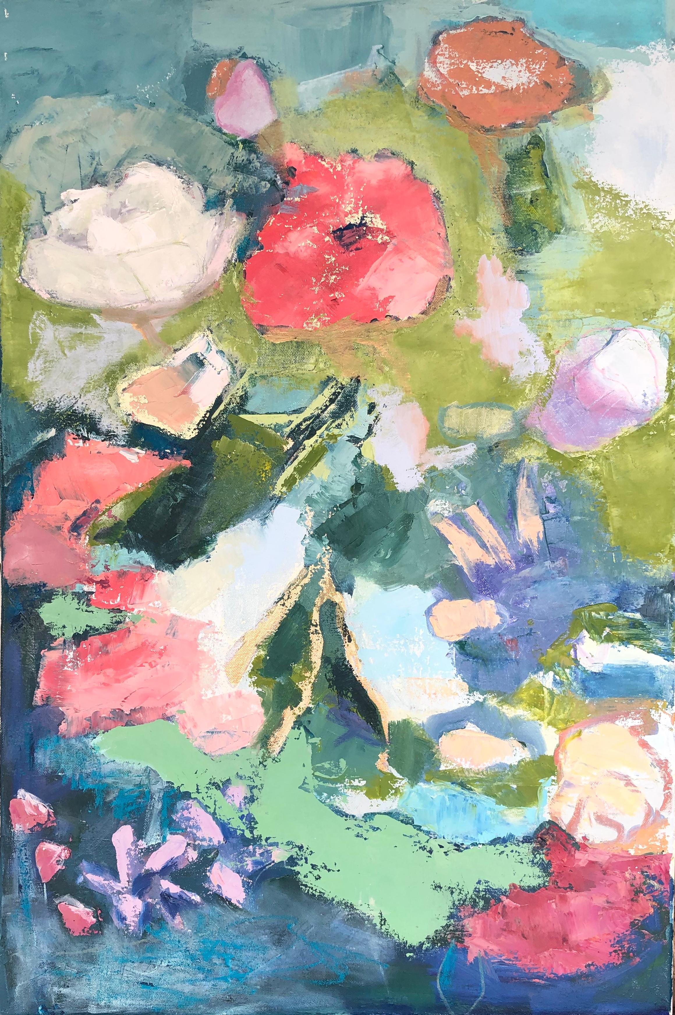 Anne Harney Still-Life Painting - "Floral 1" impressionist style still life oil painting with pink, purple, green