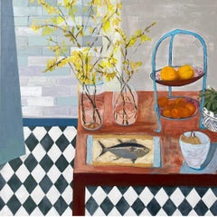 "Forsythias" Scena di cucina con pavimento a scacchi, pesce su tavolo marrone.