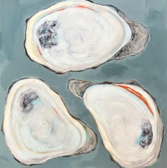 "From the Oyster Farm" Contemporary Mixed Media painting, oysters, resin finish