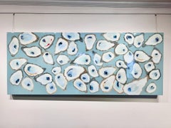 "Gloriosa" natura morta dipinta a olio di ostriche grigie su sfondo turchese