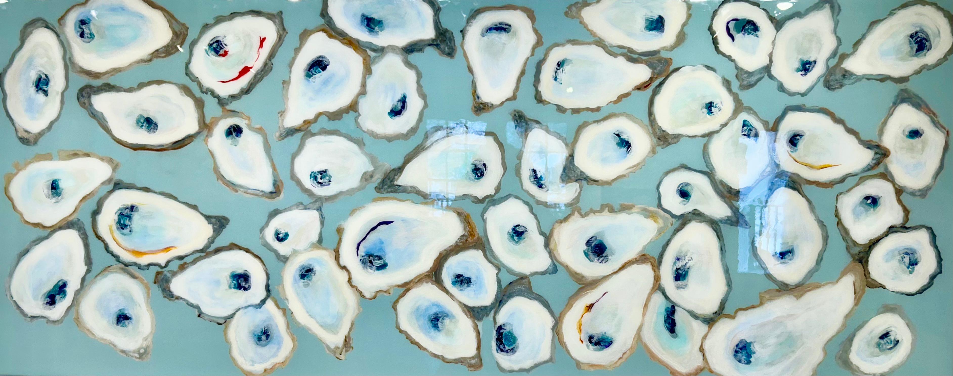 "Glorious" still life oil painting of gray oysters on turquoise background