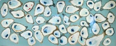 "Glorious" still life oil painting of gray oysters on turquoise background